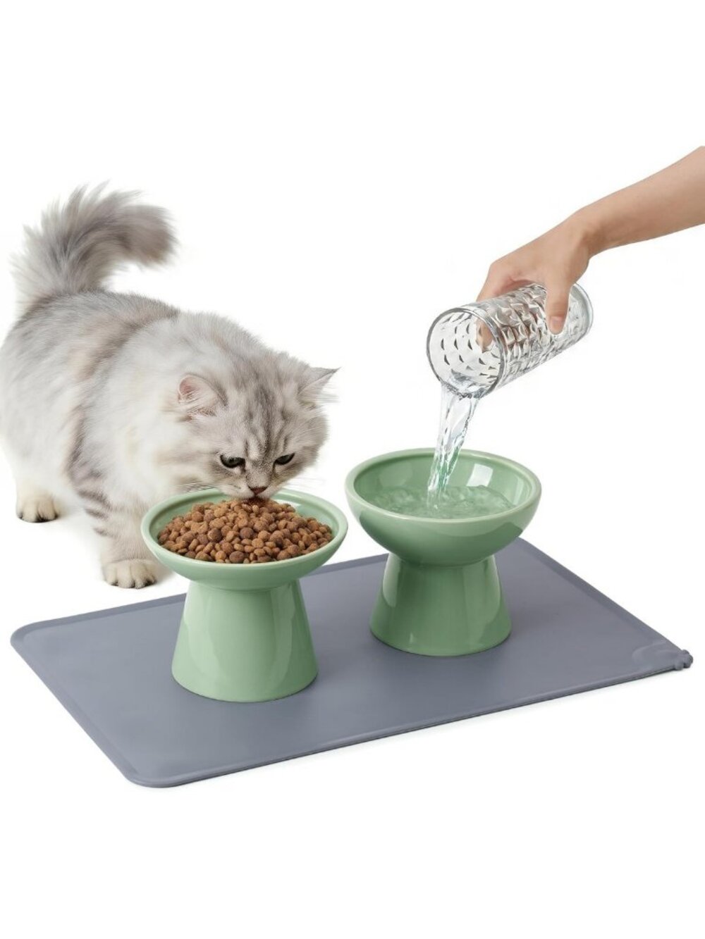 Elevated Ceramic Cat Bowls Set - Extra Wide for Food & Water + Sage Green Mat